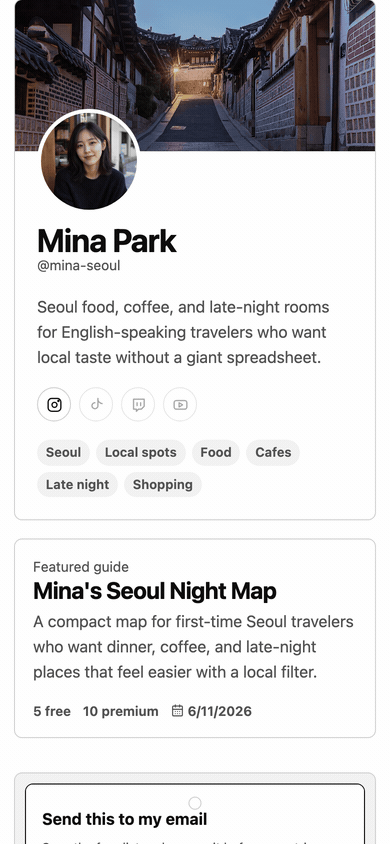 Scrolling mobile preview of Mina's Seoul guide, showing the profile banner, free list, and premium list.