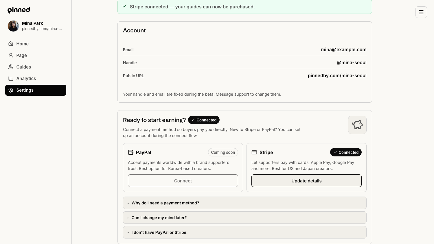 Settings page with the green Stripe connected banner and Connected badges on the payment panel.