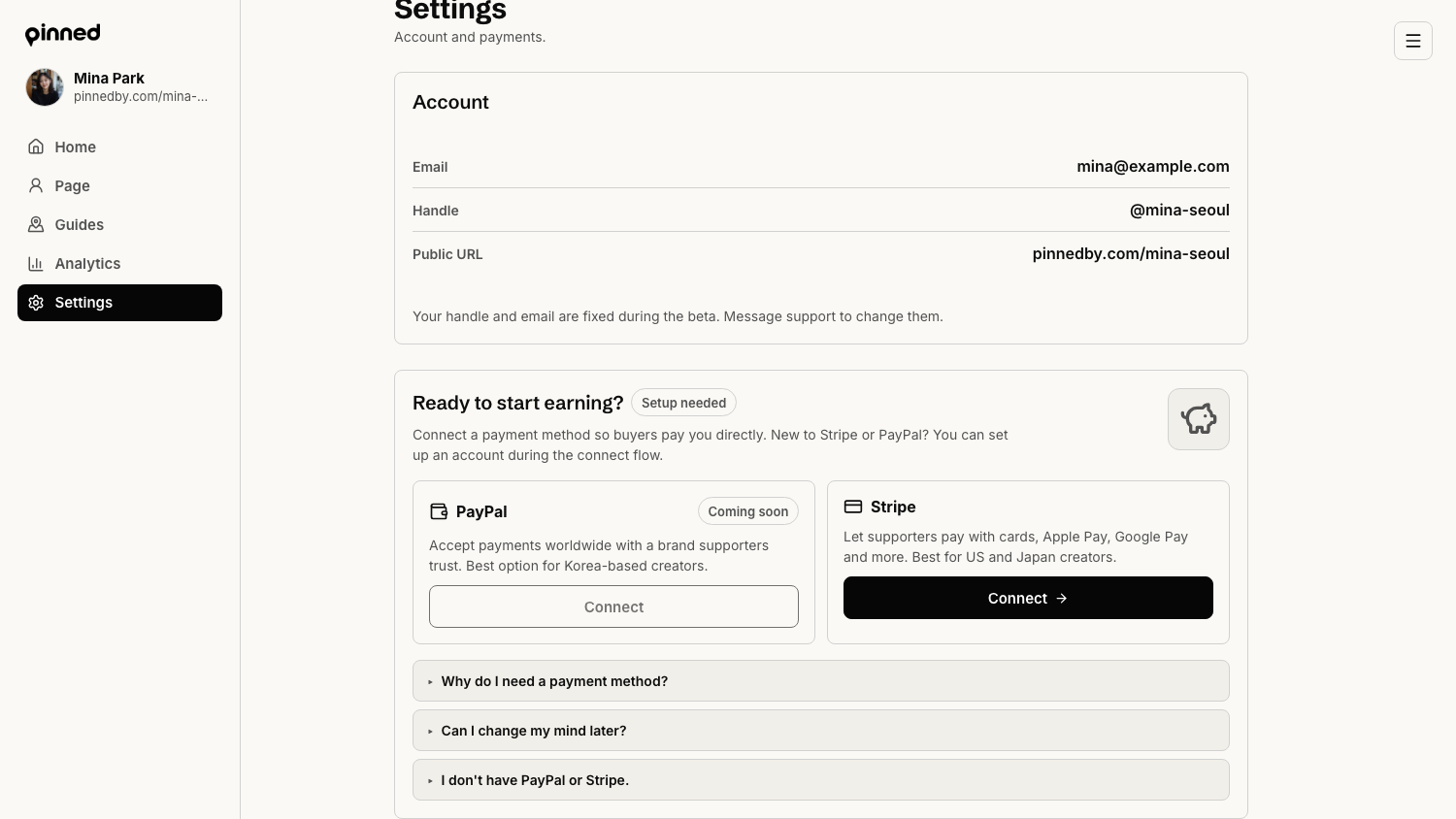 Settings page with the account panel on top and the Ready to start earning payment panel below it.