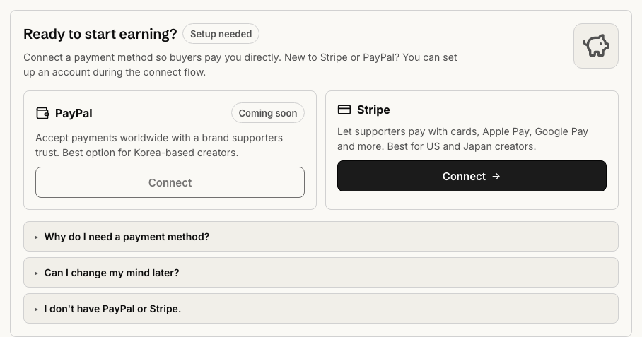 Ready to start earning panel with PayPal and Stripe cards and the black Stripe Connect button.