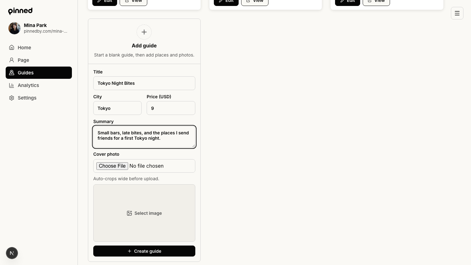 Pinned Guides page with the Add guide form open and fields filled for a Tokyo guide.