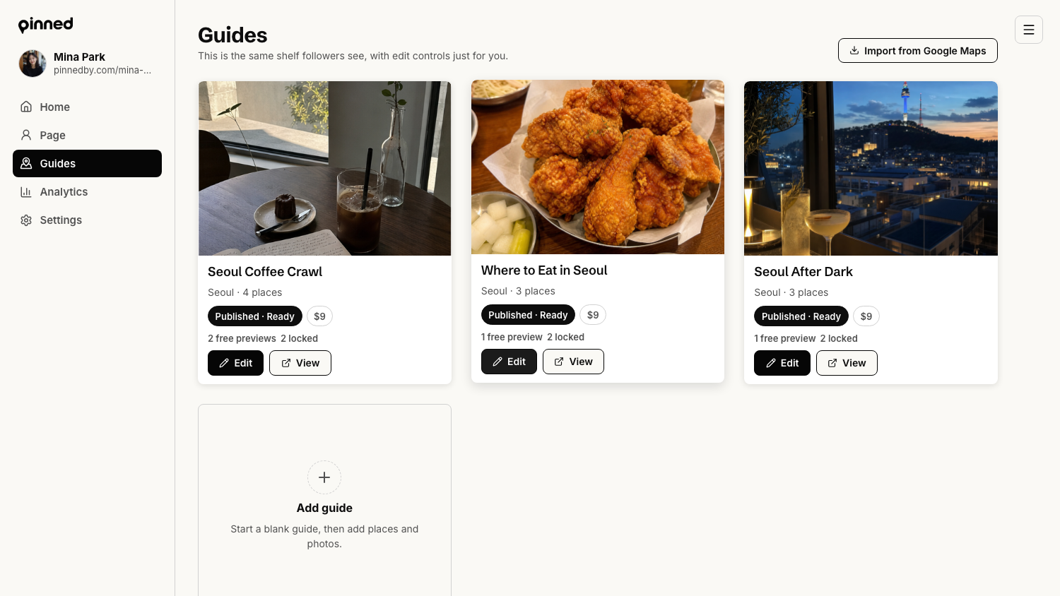 Guides page with three published guide cards showing Ready status, prices, and the Add guide card.