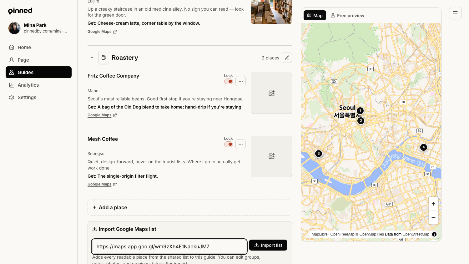Guide editor with the Import Google Maps list panel open below the place list and a share link pasted into the input.