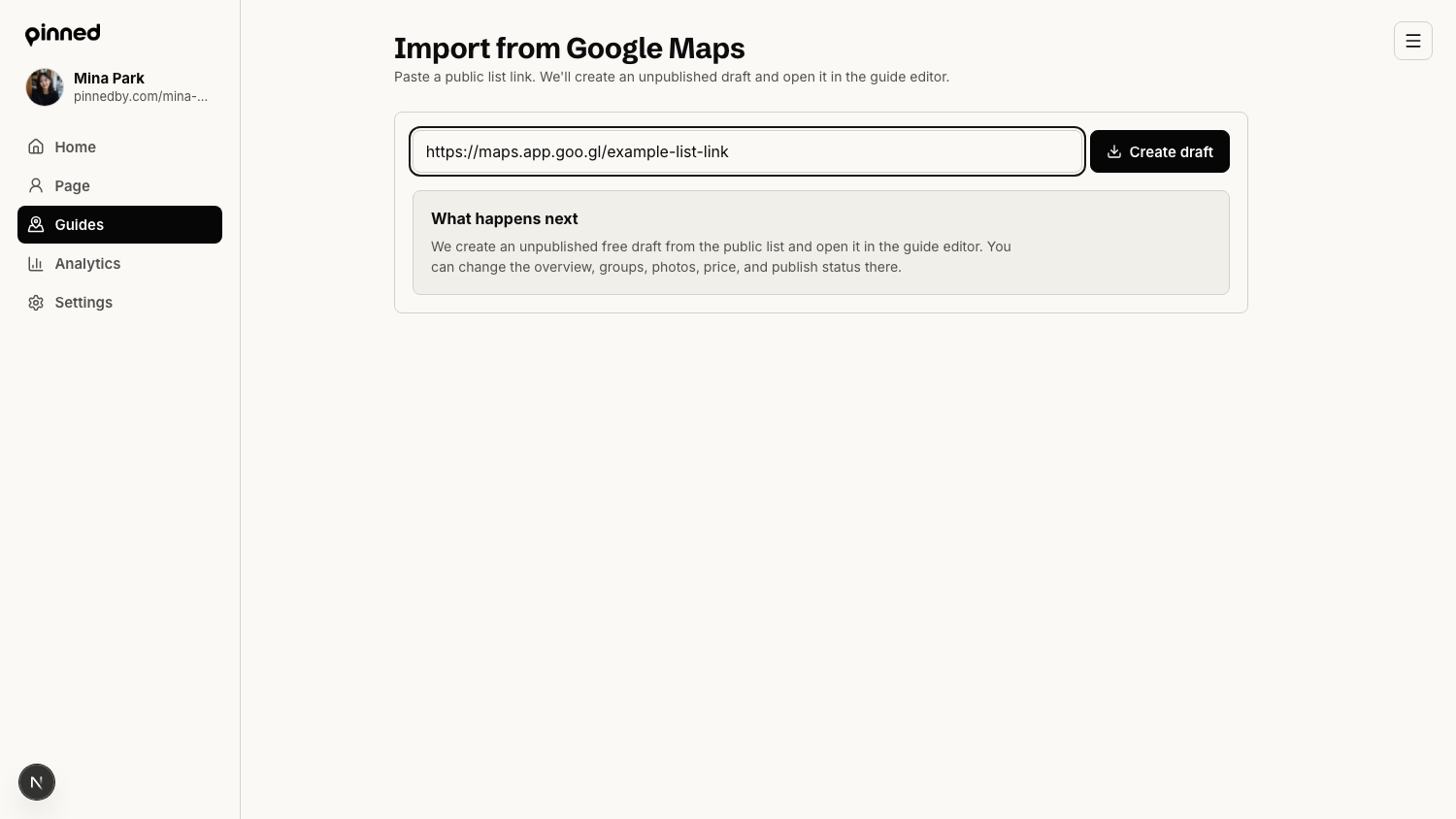Pinned Import from Google Maps page with a Google Maps list share link pasted into the input.