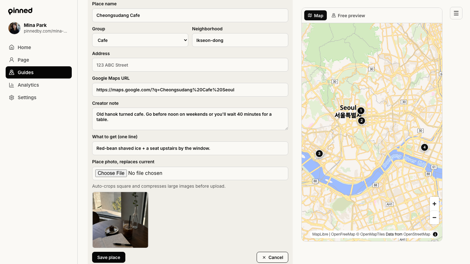 Edit place form with place name, group, neighborhood, Google Maps URL, creator note, what to get, and place photo fields.