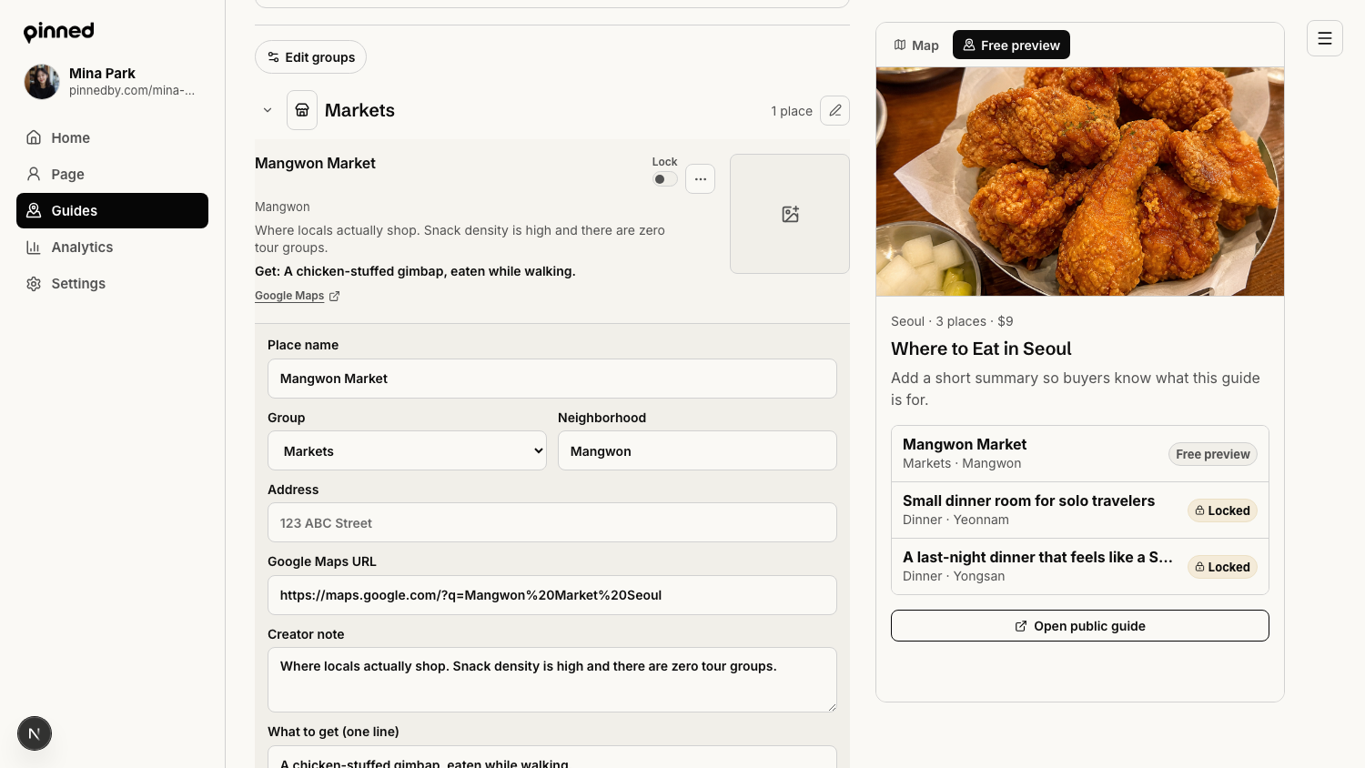 Pinned guide editor with a place edit form open and the buyer free preview rail visible.