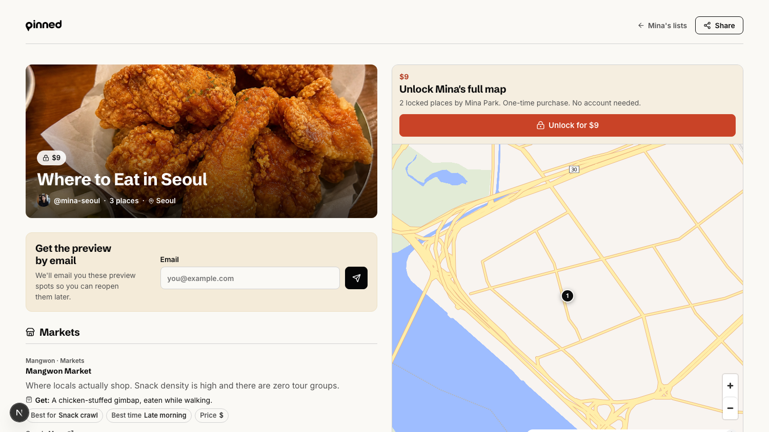 Public Pinned guide page with the Share button, unlock panel, map, and preview places visible.
