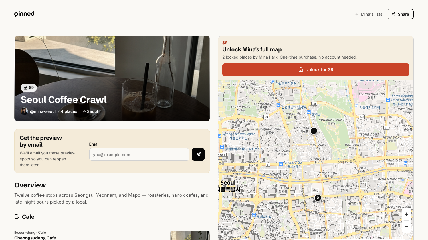 Public guide page with the cover, price badge, unlock checkout panel, email capture, and the place map.